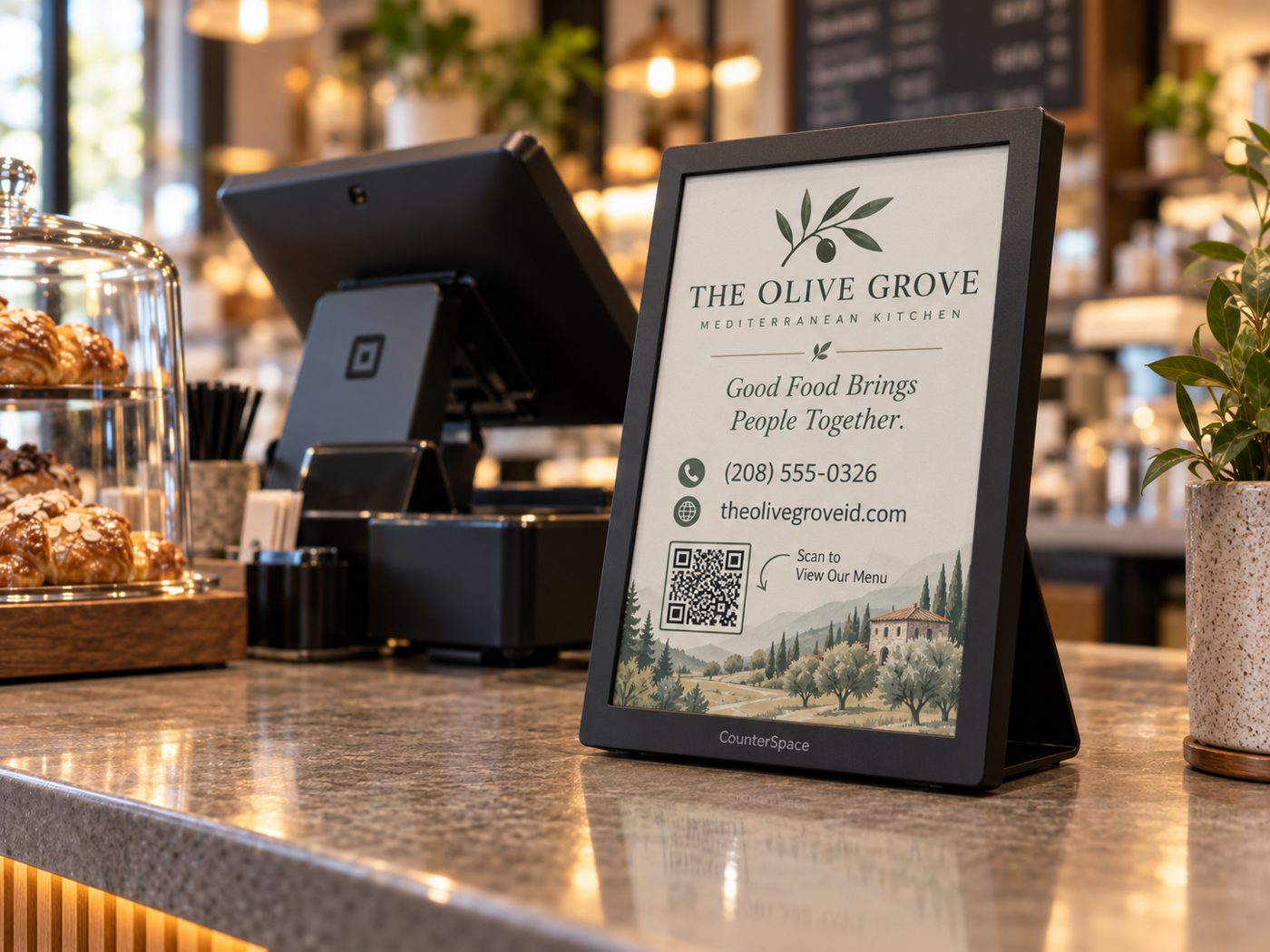 CounterSpace display on a cafe counter showing a full-page ad for a local Mediterranean restaurant